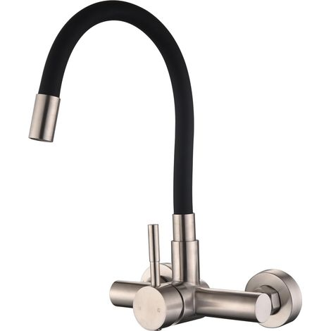 Robinet de Cuisine Mural Noir, Mitigeur Noir Encastré Monocommande Pivotant à 360° en Acier Inoxydable brossé, Protection Anti-brûlure Housse en Silicone (1/5)