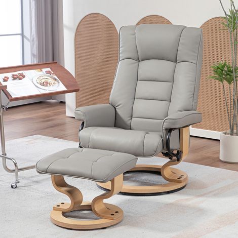 Sillón reclinable de relajación con reposapiés, giratorio, estructura de madera, tapicería sintética gris.