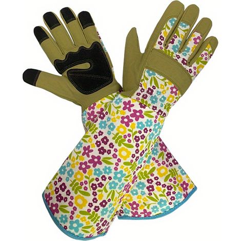 Gants de jardinage tactiles anti-épines unisexes – Manche longue respirante, motif floral, polyester, taille L, motif fleurs rouges, 1 paire (1/5)