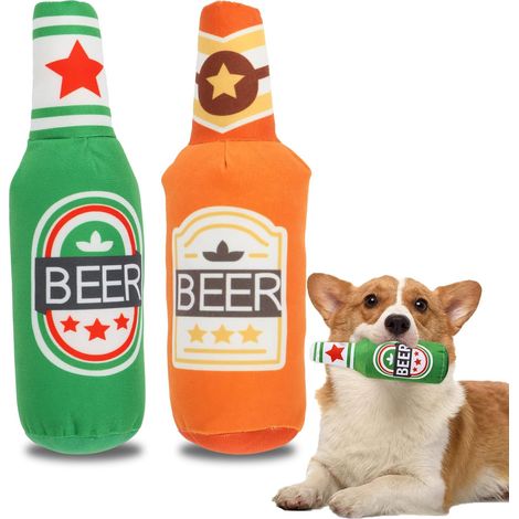 JeiibrZui Jouets pour chiens - Ensemble de peluches en forme de bouteille de bière - 26 x 7 cm - 2 pièces - Vert et orange - Jouet doux à mâcher et à couiner pour chiens de petite et grande taille (1/5)