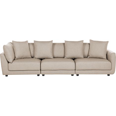 Sofá tapizado clásico 3 plazas cojines adicionales tela beige