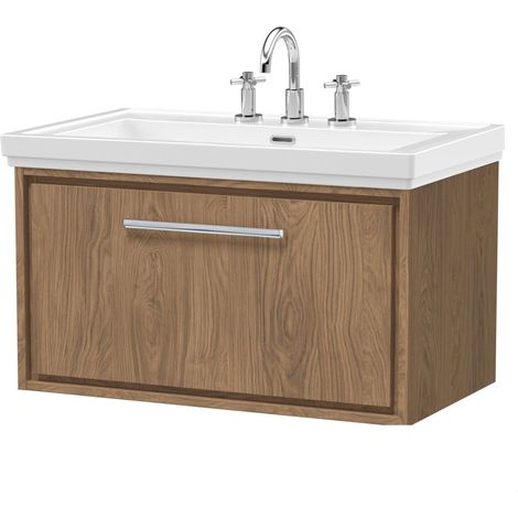 Longnor 1 Drawer Wall Hung Vanity Unit with 3 Tap Hole Traditional Fireclay Basin, Antique Oak, 800mm