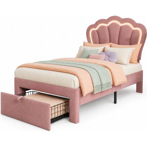 Cama juvenil 90x200 cm tapizada en terciopelo rosa con cabecero regulable, LED RGB con control por app, cajón inferior y espacio de almacenaje CHICFURN (1/5)