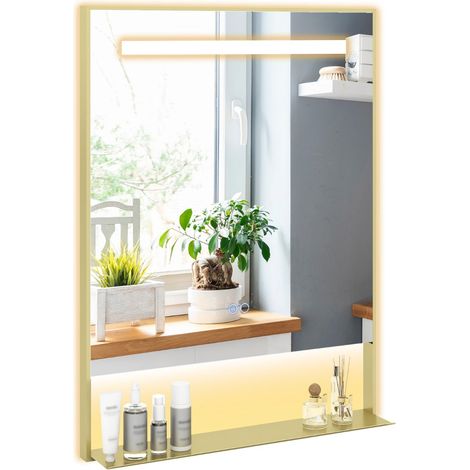 Specchio da bagno 80 x 60 x 3,5 cm con funzione antiappannamento e contenitore integrato stile moderno alluminio dorato 200021080