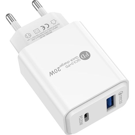 Chargeur USB-C - 20 W - 2 Ports (USB-C PD + USB-A QC3.0) - Pour Smartphone Tablette Ordinateur Portable - Compact Voyage Bureau Maison - 1 Pièce (1/5)