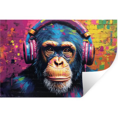 ADHESIVO DE PARED Graffiti - Chimpancé - Arte callejero - Auriculares - Mono 120x80 (1/5)
