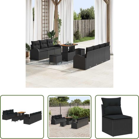Canapé en poly rattan - Ensemble de canapé de jardin avec coussin 10 pcs Noir (1/5)