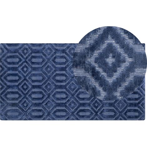 Alfombra de viscosa azul marino 80 x 150 cm patrón geométrico tejido a mano Adatepe