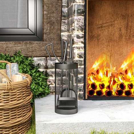 Juego de herramientas para chimenea, juego de 5 piezas, escoba, pala, tenazas, atizador y cubo, metal, negro (1/5)
