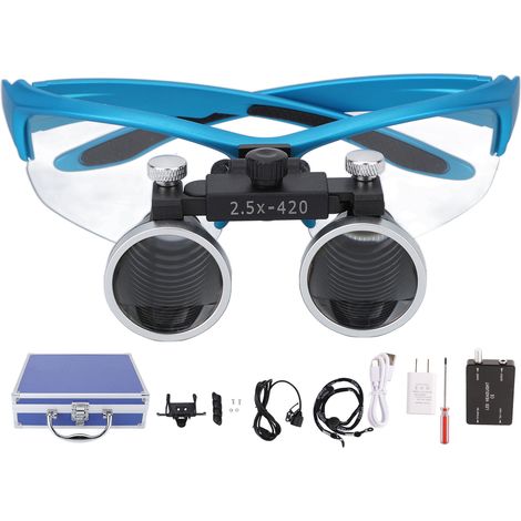Loupe frontale lumineuse polie bleu 2,5X pour dentisterie, avec prise US 100-240V (1/5)