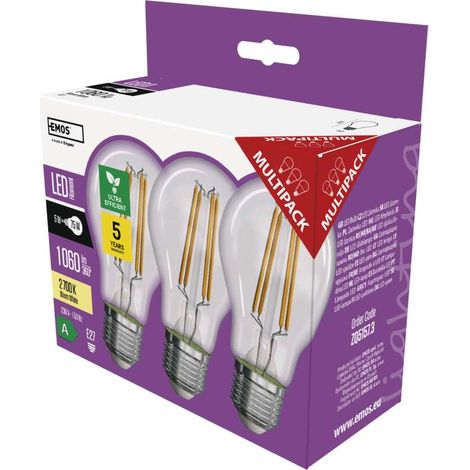 EMOS LED Lampe Edison A60 3er Pack, 5W Ersatz für 75W Glühbirne, A Klasse Vintage-Birne mit E27 Sockel, Helligkeit 1060 lm, Warmweiß 2700 K (1/5)