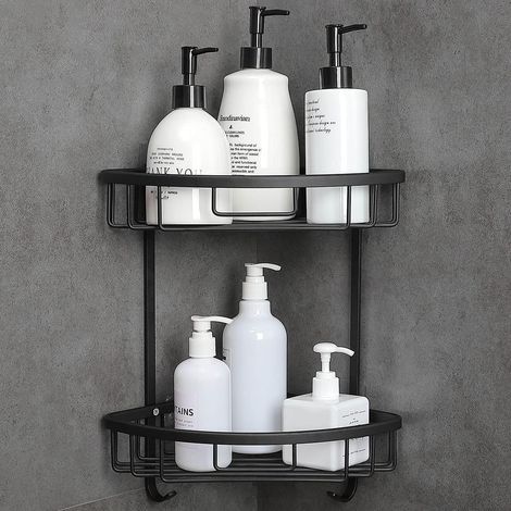 Etagere Douche sans Percage Salle de Bain d'angle de Douche Accessoires Salle de Bains 2 Niveaux Noir (1/3)