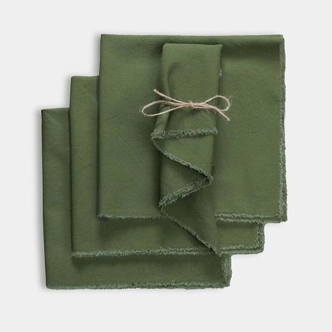 Lot de 12 serviettes de table unies en lin et coton mélangés (45 x 45 cm), avec pompons, carrées et réutilisables. Idéales pour les mariages, les fêtes et la maison. Coloris vert olive. (1/5)