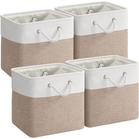 Juego de 4 cestas de almacenamiento de tela con forma de cubo (30 x 30 cm) con asas, cajas plegables para estantes, ideales para el hogar, ropa y juguetes (blanco/caqui). (1/5)