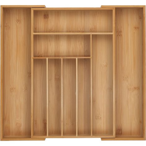 Relaxdays Cutlery Tray, 7-9 Compartments, 5 x 30.5-50 x 47 cm, Extendable Drawer Organiser, Bamboo, Kitchen, Natural