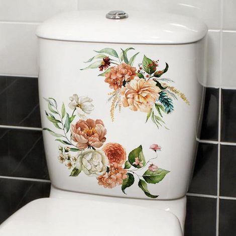 Autocollant Mural Toilette - Fleurs Aquarelle - Décor Rétractable pour Cuvette WC et Réservoir - 1 Pièce (1/5)