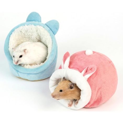 Lot de 2 lits pour animaux de compagnie pour cochons d'Inde, chinchillas, hérissons – confortables, imprimés avec des motifs de dessins animés, pour dormir, hiver, intérieur (rose et bleu)