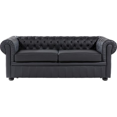 Sofá Chesterfield 3 plazas de piel negro con respaldo capitoné sala de estar vintage y glamour Chesterfield (1/5)