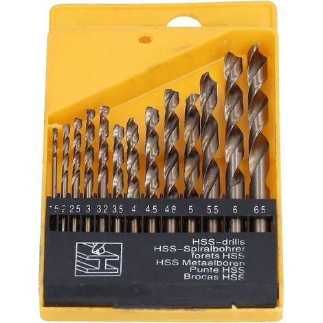Coffret de 13 forets hélicoïdaux, résistants à la chaleur, en acier rapide au cobalt, à queue cylindrique, de 1,5 mm à 6,5 mm, avec boîte de rangement.