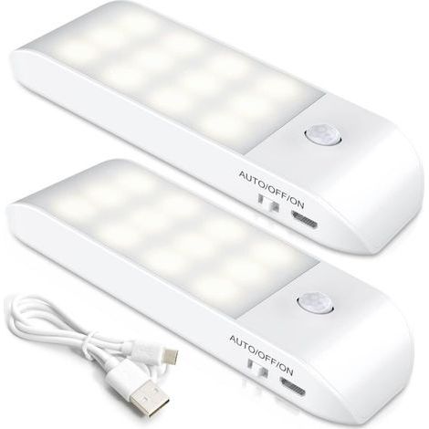 2pcs Veilleuse LED rechargeable, détecteur de mouvement automatique, applique murale magnétique portable pour placard, chambre, couloir, penderie, escalier [1 à 2 LED] [3 modes] (1/4)