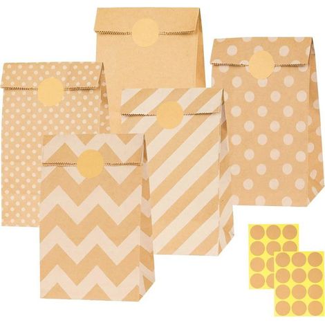 Sacs en papier kraft Lot de 20 Brun naturel Avec 24 étiquettes autocollantes Pour cadeaux et emballages alimentaires 24x (1/5)