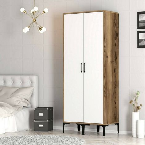 Dmora - Armario 2 puertas Alkaid, Muebles de dormitorio, Vestidor, Armario de ropa, 80x201h48 cm, Nogal y Blanco, con embalaje reforzado (1/5)