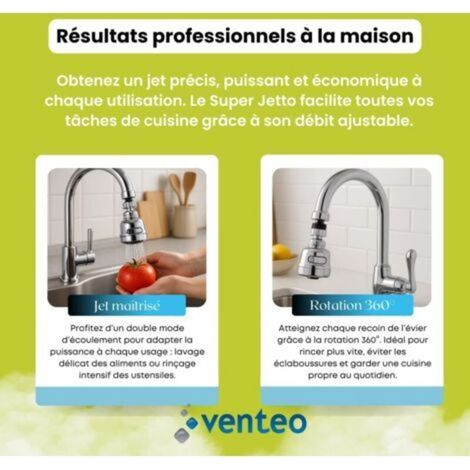 Embout Robinet Cuisine Super Jetto Aérateur Robinet Universel Rotation 360° Economiseur d'Eau Jet Puissant & Jet Perle Installation Facile et Anti (1/5)