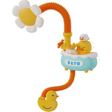 Baignoire-douche électrique en forme de tournesol avec un petit canard jaune qui éclabousse l'eau pour que les bébés puissent jouer dans la salle de bain. (1/4)
