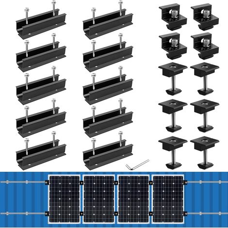 Kit de Fixation pour Panneau Solaire, Adapté à 4 Panneaux Solaires  10 Rails Courts Aluminium 120mm, 6 Pinces Centrales 30/35mm, 4 Pinces d’Extrémité 30/35mm, pour Panneau Solaire, Noir (1/5)