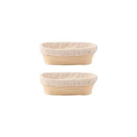 Lot de 2 corbeilles à pain ovales de 25 cm avec doublures, parfaites pour la cuisson du pain au levain, que ce soit en professionnel ou à la maison.