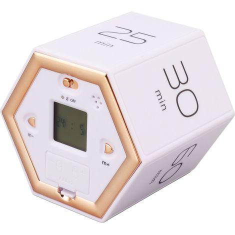 Minuteur hexagonal à bascule avec alarme silencieuse, cube magnétique de gestion du temps avec écran LCD, idéal pour la cuisine, les études et le travail (blanc). (1/5)