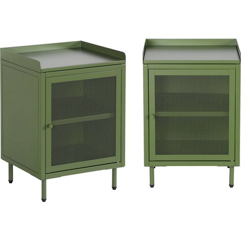 Set of 2 industrial green metal bedside tables with 1 mesh door, 40 x 37 x 58,5 cm - Ohio
