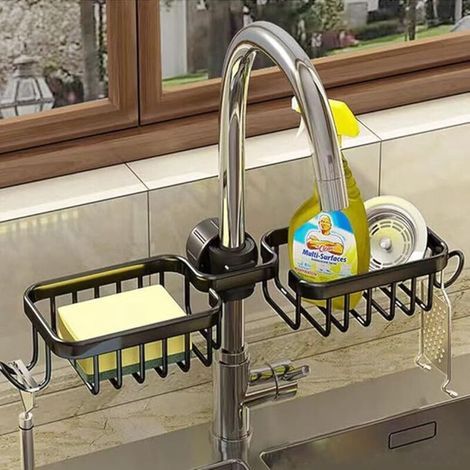 Support Pour Éponge De Robinet De Cuisine Organisateur Pour Évier Au-dessus Du Robinet Support De Vidange De Robinet Suspendu Pour L'organisation De L'évier (Noir-Double) (1/5)