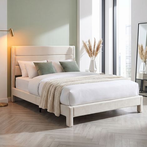 Cama Tapizada de Matrimonio 140x190 cm, Somier de Láminas, Carga Máxima 500 kg, Montaje Fácil, Terciopelo Beige (1/5)
