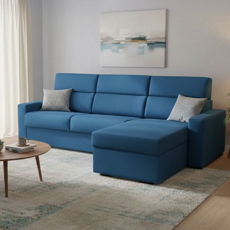 Divano Letto con Penisola Pusiano, Sfoderabile, Contenitore Made in Italy, Idrorepellente Trasformabile in Letto, 280x160 cm blu (1/5)