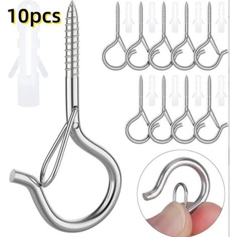 Set of 10 silver screw-in hooks - Support for tent, hammock, outdoor chair - Wall/ceiling mounting (1/5)