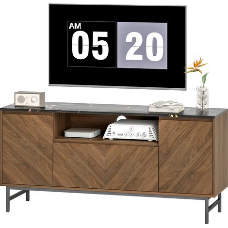 Mobile porta TV per televisori fino a 65 pollici, mobile in legno con vano a giorno e sistema di gestione dei cavi, effetto marmo, 140x39x66 cm, noce.