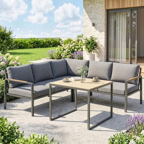 Set di mobili da giardino per esterni, 3 pezzi, per 5 persone, composto da 2 divani con cuscini spessi e 1 tavolino da caffè. Dimensioni: 183x183x72 cm, colore grigio scuro.
