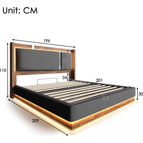 Lit double 180x200 cm, capitonné, avec sommier à lattes, éclairage LED et coffre de lit, mécanisme hydraulique, finitions gris lin et noyer, sans matelas (1/4)
