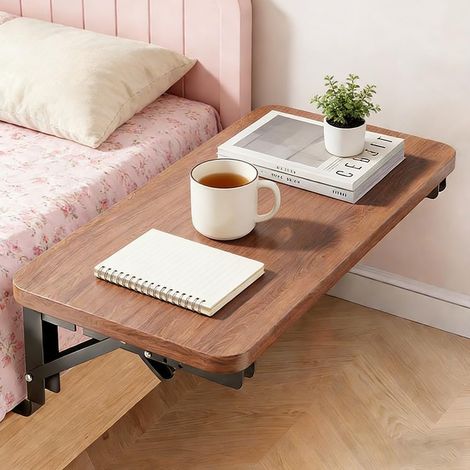 Table de chevet pliante à suspendre au lit, organiseur de lit et tablette de lit flottante en bois, 30 x 20 cm, table de chevet et étagère peu encombrantes, pour dortoir d'étudiant (noyer) (1/5)