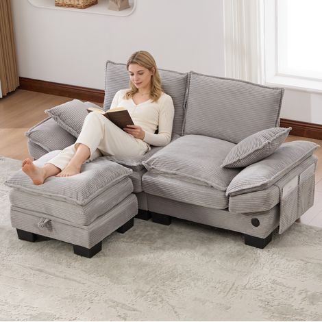 FloraGrace Canapé 2 places modulaire avec pouf, 190 x 132 x 84 cm, corduroy, USB C, poches latérales, gris clair (1/5)