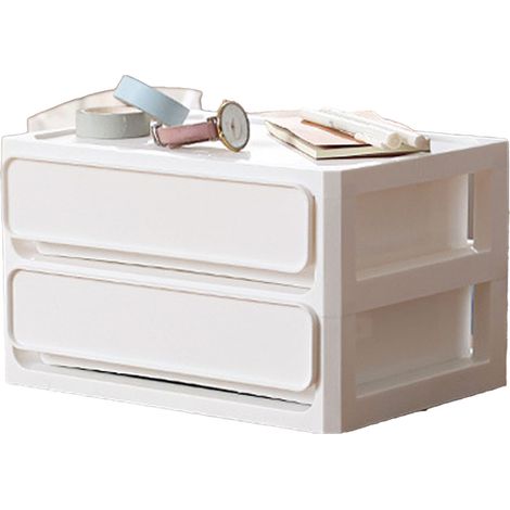 Boîte de rangement bureau 2 étages blanche, empilable anti-poussière, organiseur tiroirs pour cosmétiques, fournitures étudiantes, maison, dortoir (1/5)