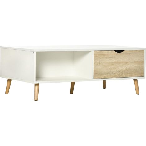 Table basse rectangulaire de style scandinave avec deux tiroirs et des étagères ouvertes dimensions : 106 x 58 x 39,5 cm blanche. (1/5)