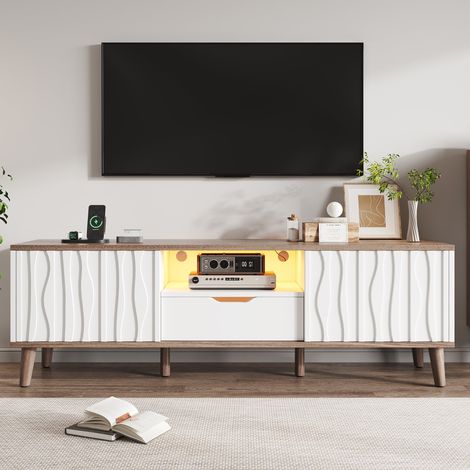 Meuble TV LED 160x40x52 cm blanc brillant portes coulissantes 3D RGB via app passe-câbles pieds bois salon moderne TV 70 pouces