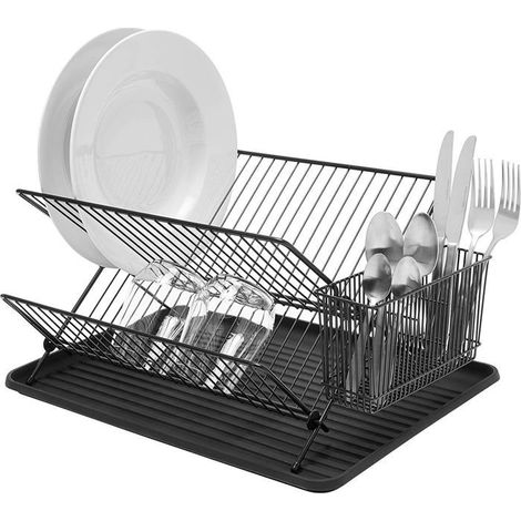 Ecleanfy - Égouttoir Pliable - Égouttoir à Assiettes avec Porte-Couverts - Acier Enduit de Poudre Noire (1/4)