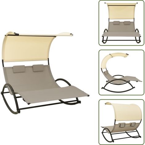 The Living Store Tumbona doble con toldo textilene color gris taupe y crema - Tumbona con toldo