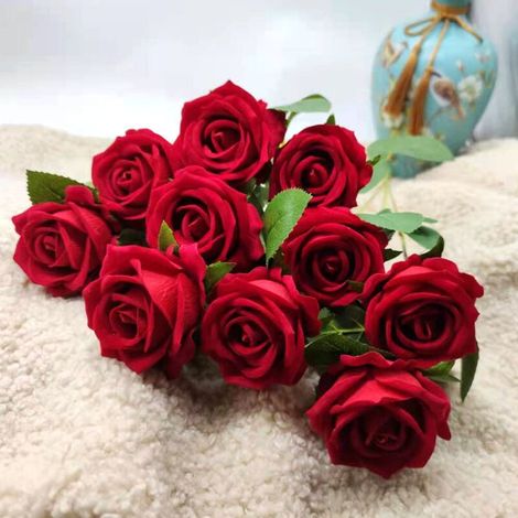 Lot de 10 Roses Artificielles, Deco Fausses Fleurs en Soie avec Tige Simple de 51cm, Fleur Réaliste pour Fête Jardin en Famille Hôtel Décoration de Mariage, Décor Floral (rouge), (1/5)