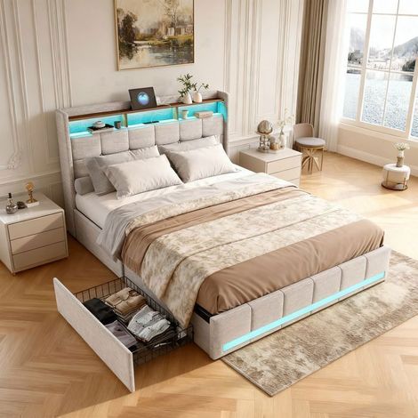 Letto 140x190 - TIUABON - 4 cassetti - LED integrata e porte USB - Struttura in legno e metallo