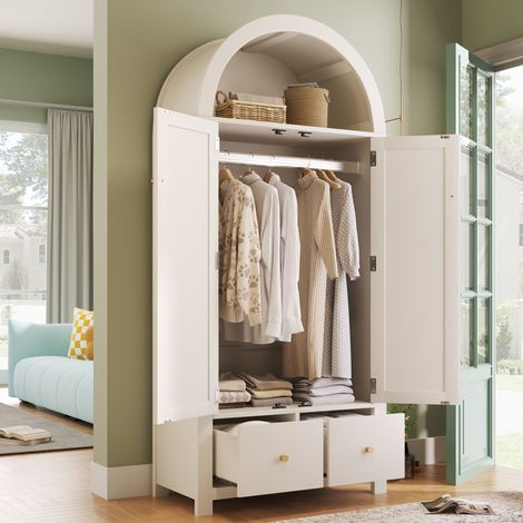 Kleiderschrank (181x78x45 cm), mit Rattanflechten, Bogenform, 2 Schubladen, MDF und Metall, Weiß (1/5)