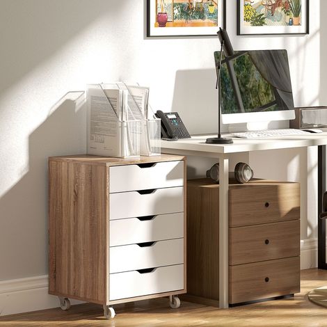 Caisson bureau mobile, meuble rangement bureau sur roulettes, 5 tiroirs, 47,5 x 39,5 x 67,5 cm, blanc et chêne (1/5)